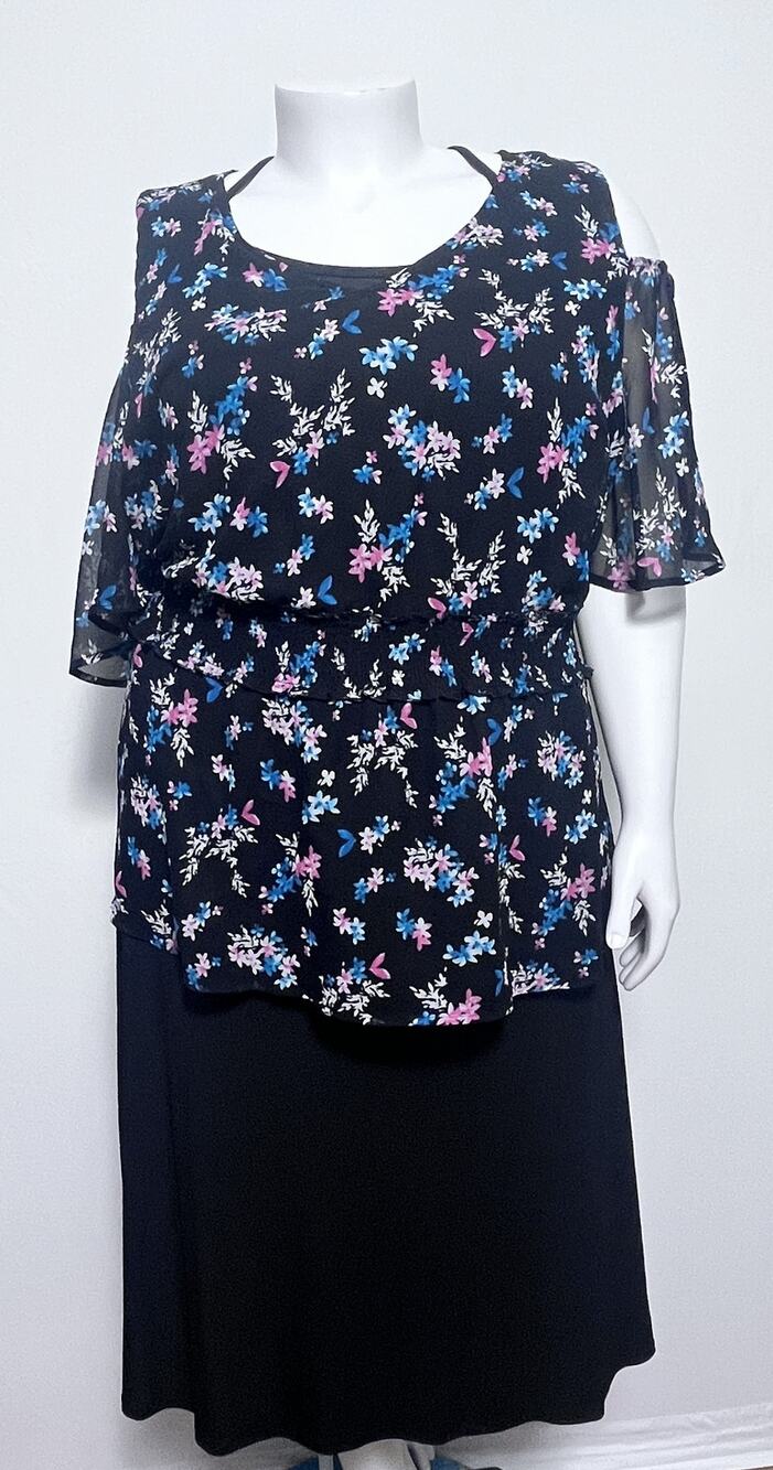 Lane Bryant NWT 26 Black Blue Floral Cold Shoulder Smocked Waist Peplum Top